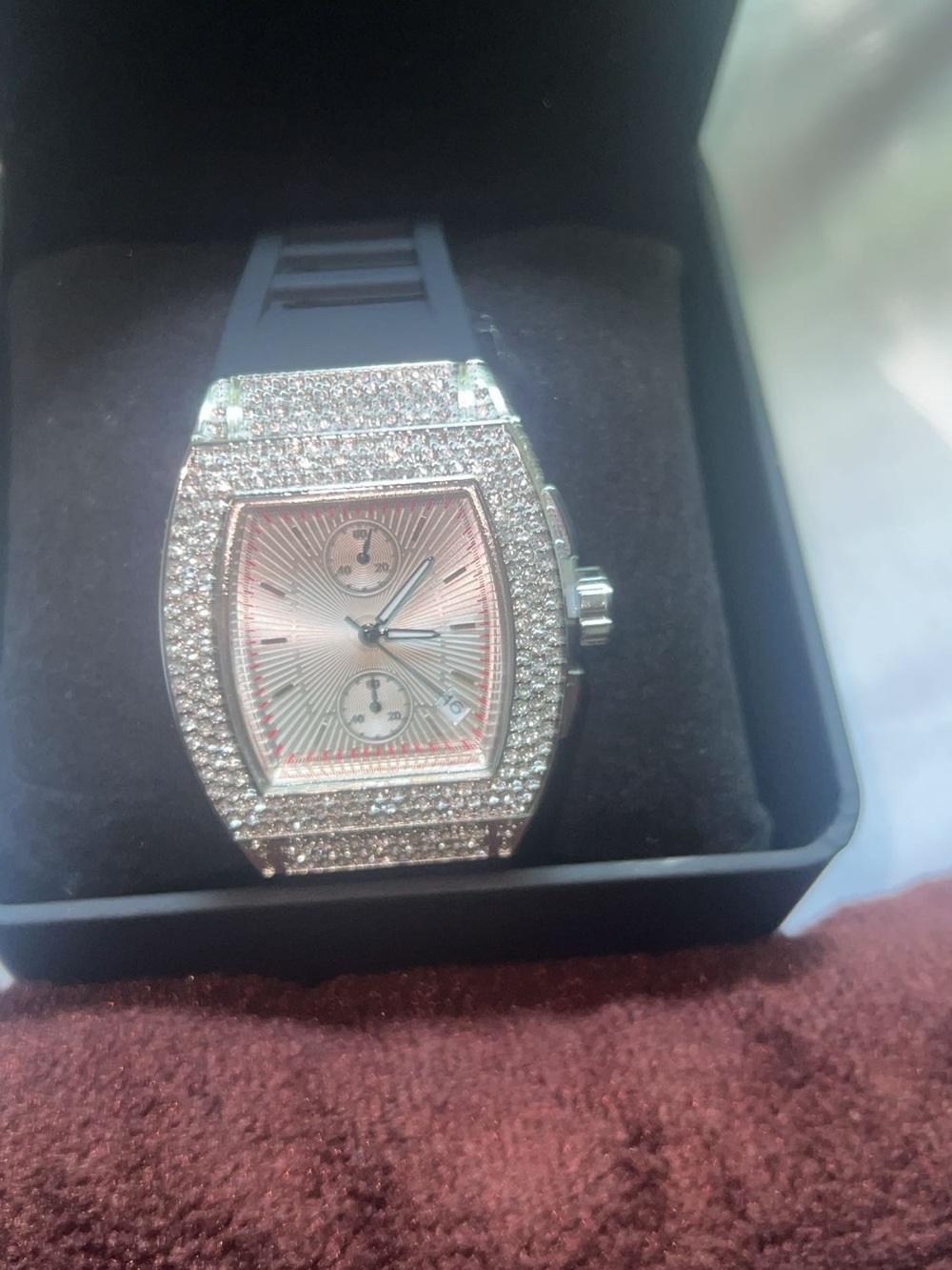 Silver Crystal-Embellished Chronograph Watch with Black Strap